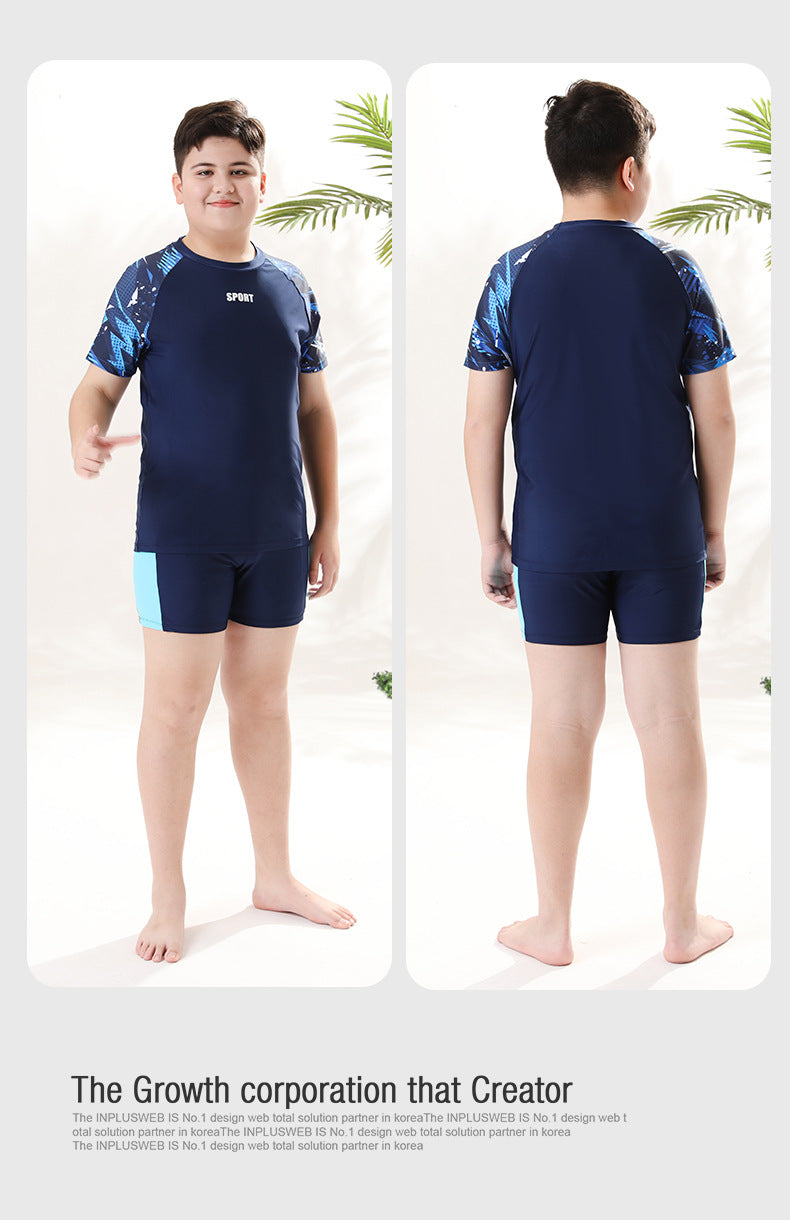 Children's boys' two-piece swim trunks from Mandotos International, sun-protective swimwear for older boys, 2026 hot spring style.