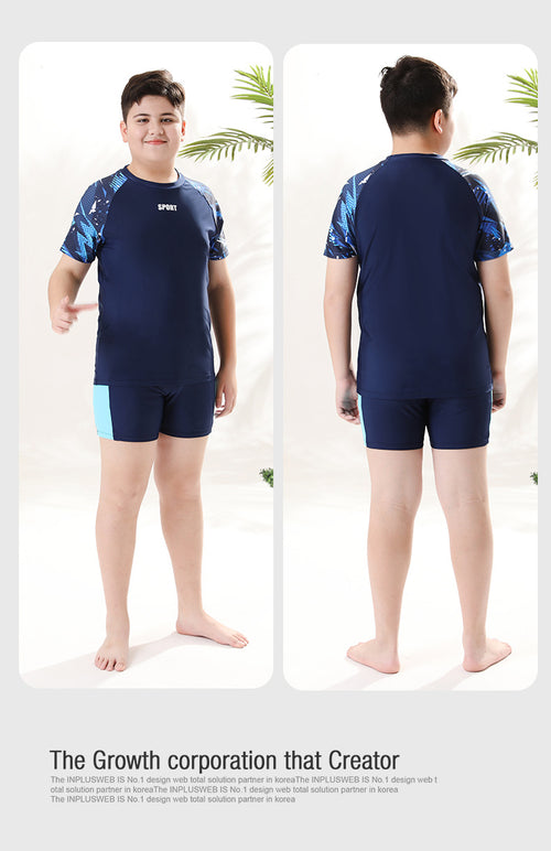 Children's boys' two-piece swim trunks from Mandotos International, sun-protective swimwear for older boys, 2026 hot spring style.