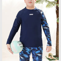 Children's two-piece boys' swimwear by Mandotos International featuring sun-protective swim trunks, 2026 model, suitable for hot springs.