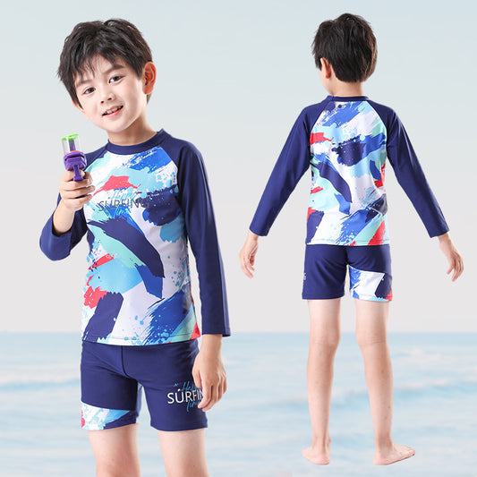 Children's boys' two-piece swim trunks by Mandotos International, sun-protective swimwear set for older boys, 2026 new model.