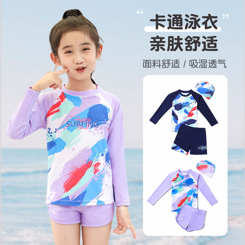 Children's boys' two-piece swim trunks by Mandotos International, professional sun-protective swimwear for hot spring and summer.