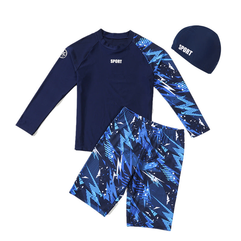 Children's boys' two-piece swim trunks by Mandotos International, sun-protective swimsuit for hot spring and summer beach fun.