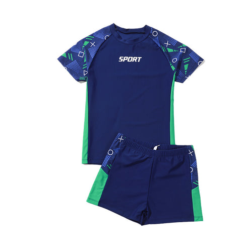 Children's boys' two-piece swim trunks by Mandotos International, sun-protective swimwear for older boys in a hot spring style.