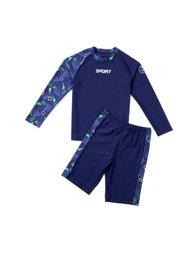 Children's boys' two-piece swim trunks by Mandotos International, professional sun-protective swimsuit for hot spring swimming.