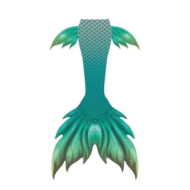 Shiny mermaid tails swimsuit by MANDOTOS INTERNATIONAL featuring a vibrant, metallic mermaid skin design for swimming fun.