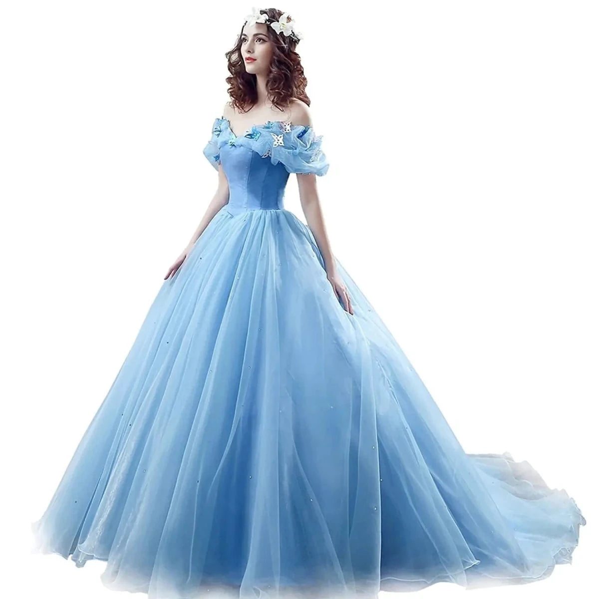 Blue quinceañera prom gown by MANDOTOS INTERNATIONAL featuring a flowing design and elegant details for special occasions.