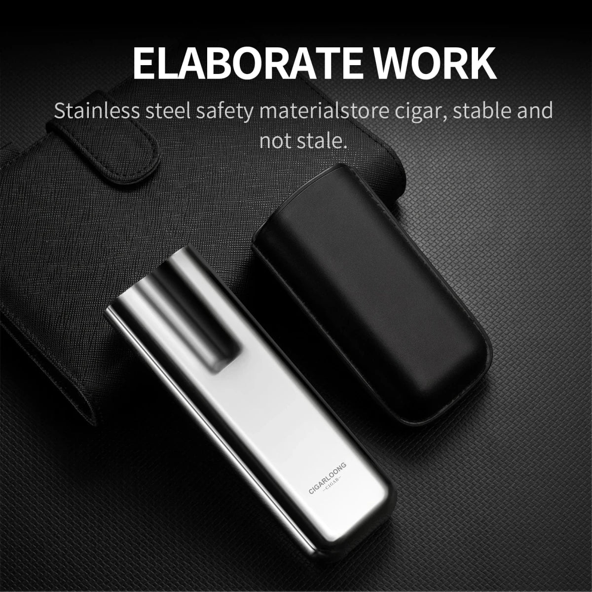 Mandotos International Cigarloong portable stainless steel cigar case with leather exterior, anti-pressure travel cigar humidor box.