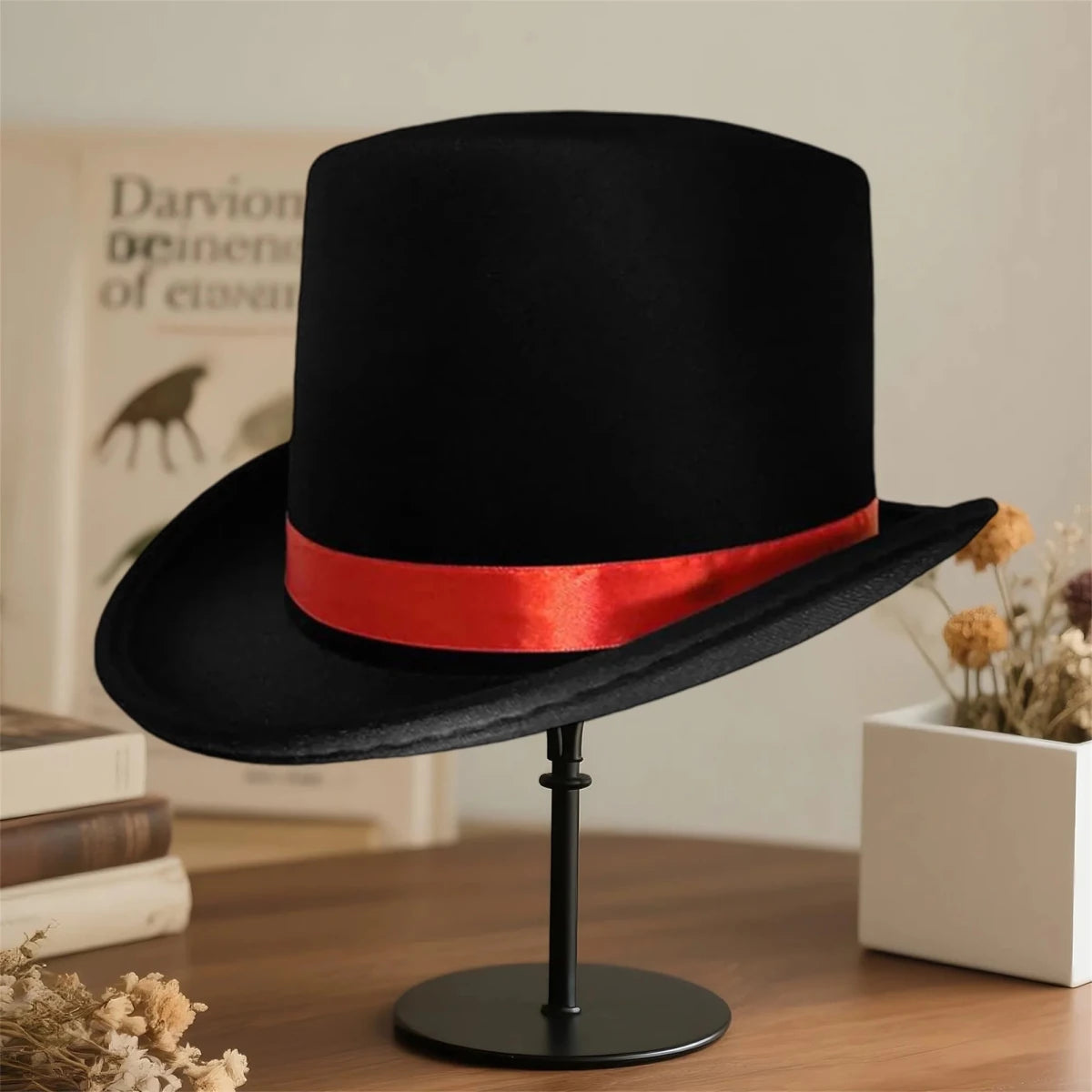 Elegant black top hat for adults by MANDOTOS INTERNATIONAL, perfect for magician costumes and formal dress-up events.