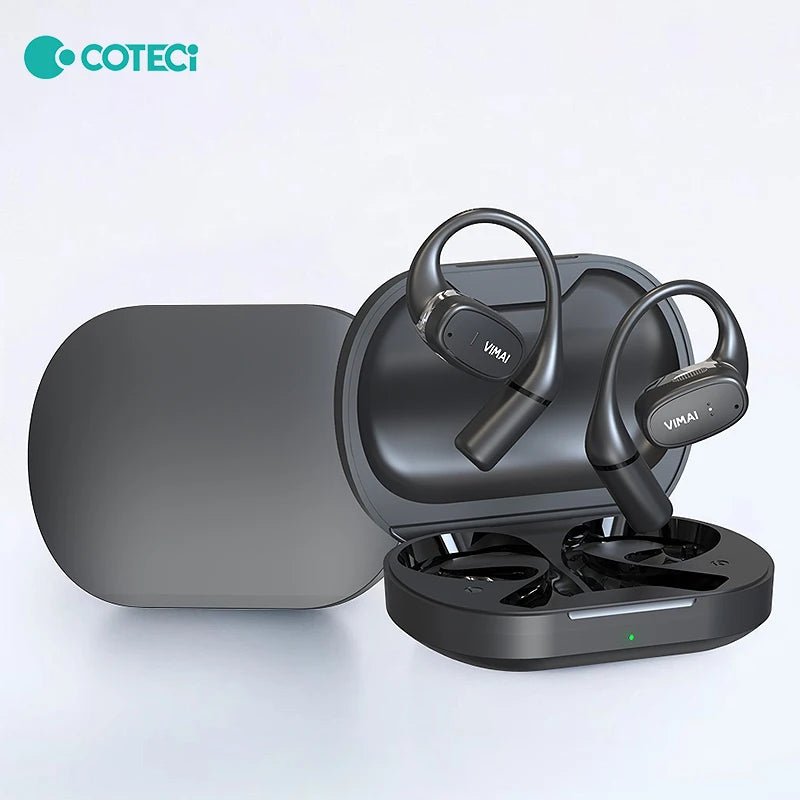Mandotos International COTECi translation earbuds with 144 languages, AI-powered, showing sleek design and compact charging case.
