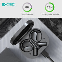 Mandotos International COTECi translation earbuds in black, showing the sleek charging case and earbuds with digital display.