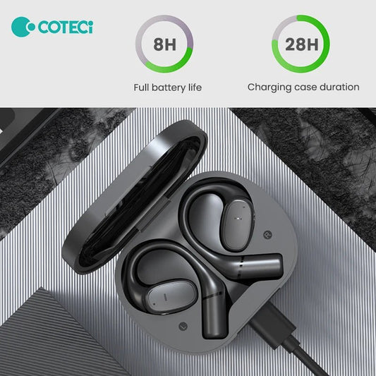 Mandotos International COTECi translation earbuds in black, showing the sleek charging case and earbuds with digital display.