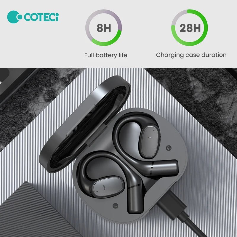 Mandotos International COTECi translation earbuds in black, showing the sleek charging case and earbuds with digital display.
