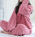 Cozy coral velvet sleepwear set by Mandotos International featuring a comfortable long-sleeve top and matching pants.