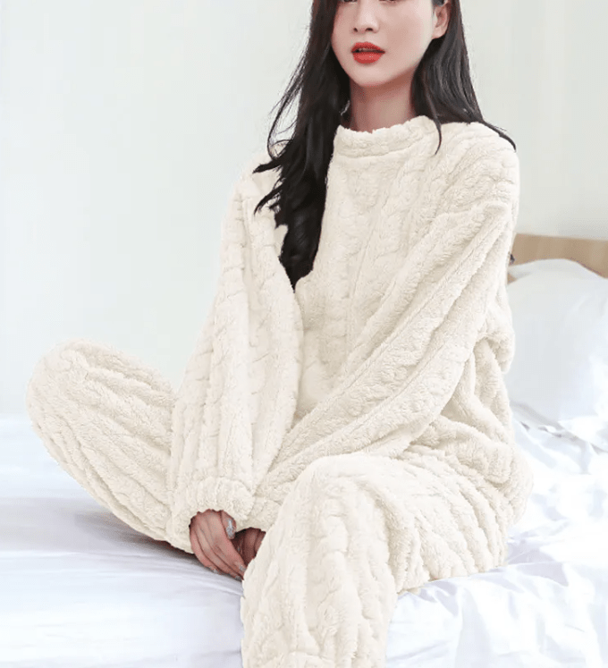 Cozy coral velvet sleepwear set from MANDOTOS INTERNATIONAL featuring a matching top and pants for comfortable loungewear.