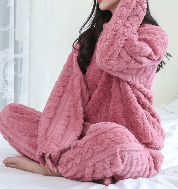 Mandotos International cozy coral velvet sleepwear set featuring a long-sleeve top and matching pants for comfortable lounging.