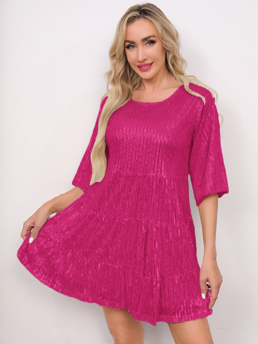 Mandotos International cross-border fashion sequined dress featuring European and US style, shimmering silver with long sleeves.