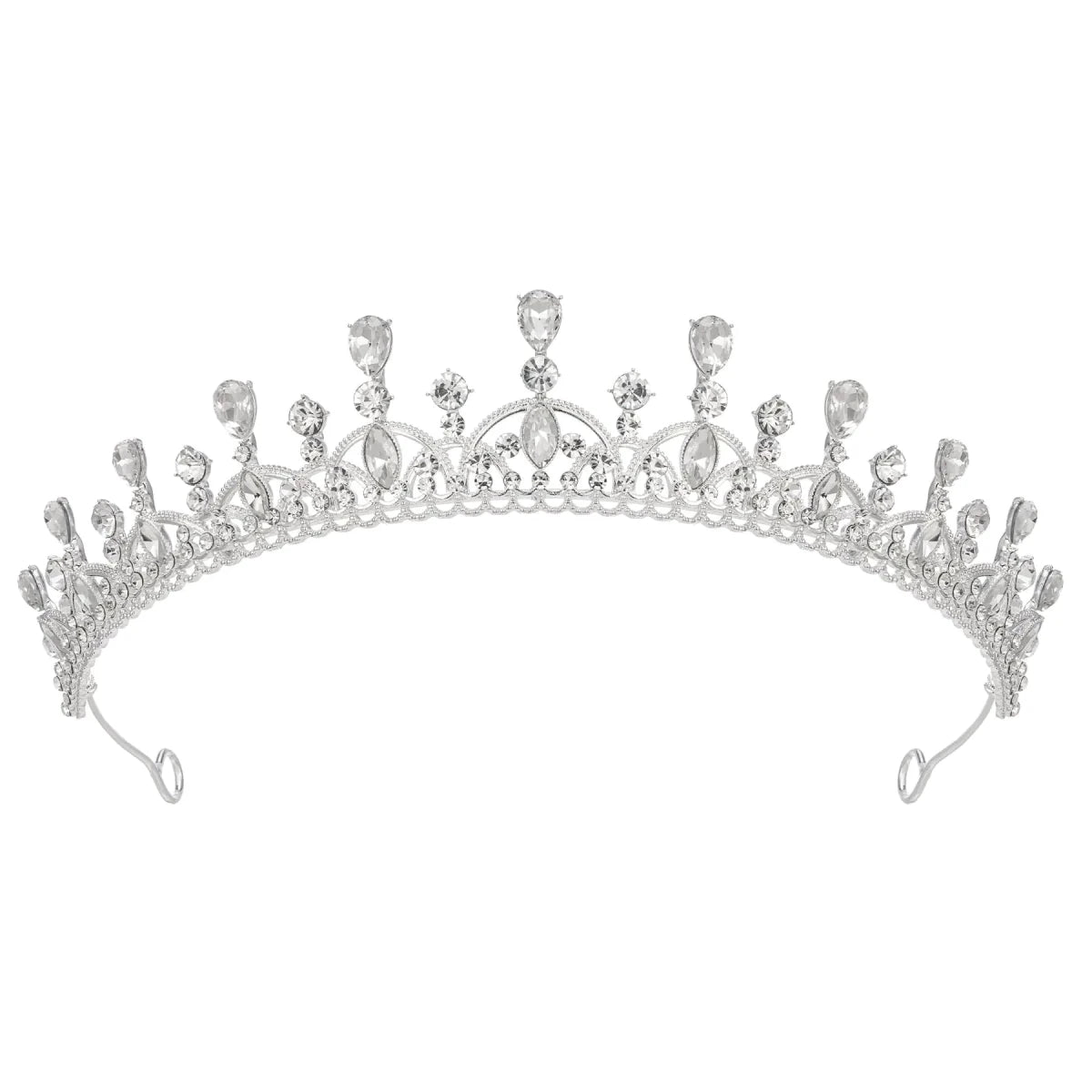 Mandotos International CrownAura crystal princess tiara with sparkling rhinestones and intricate silver metal design.