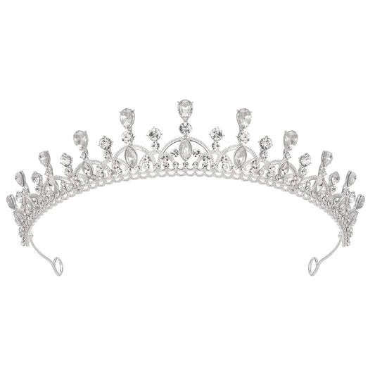 Mandotos International CrownAura crystal princess tiara with sparkling rhinestones and intricate silver metal design.
