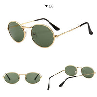 Round metal frame sunglasses with custom logo by MANDOTOS INTERNATIONAL, showcasing stylish eyewear for wholesale and retail.