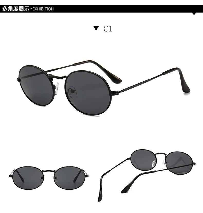 Round metal frame sunglasses with custom logo by Mandotos International, showcasing sleek design and premium metal construction.