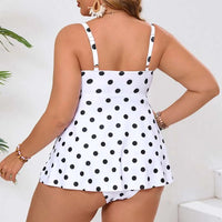 Plus size custom swim dress with dot print, backless design, two-piece high waist bikini, by MANDOTOS INTERNATIONAL.