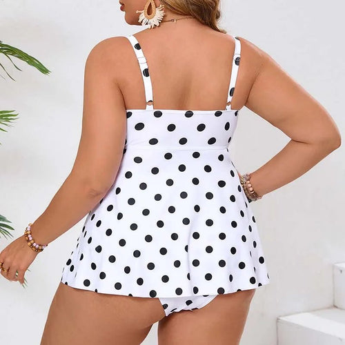 Plus size custom swim dress with dot print, backless design, two-piece high waist bikini, by MANDOTOS INTERNATIONAL.