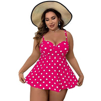 Plus size women’s sexy backless dot print swim dress and two-piece high waist bikini from MANDOTOS INTERNATIONAL.