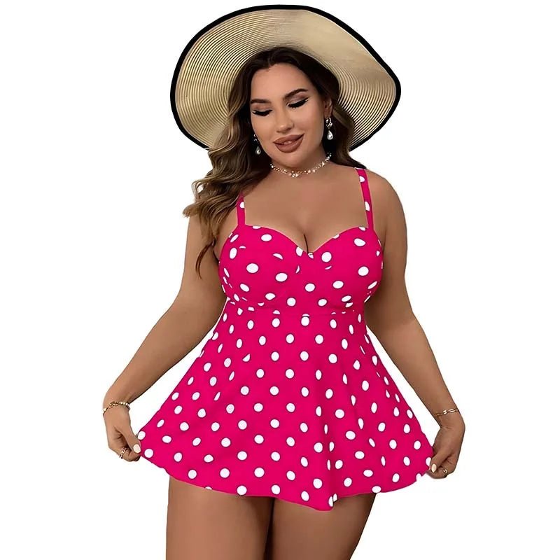 Plus size women’s sexy backless dot print swim dress and two-piece high waist bikini from MANDOTOS INTERNATIONAL.