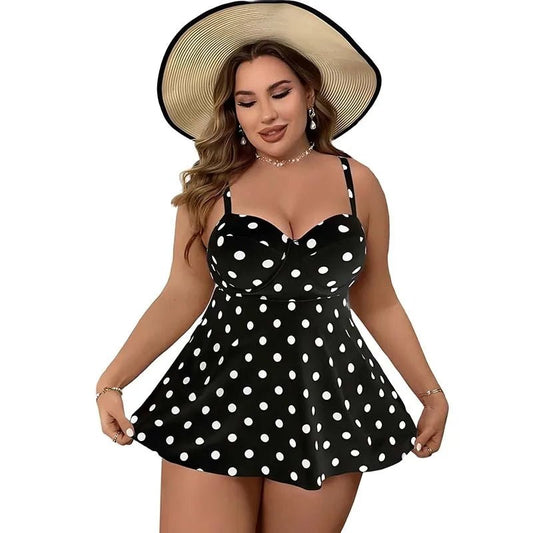 Plus size custom swim dress by MANDOTOS INTERNATIONAL featuring dot prints, backless design, two-piece high waist bikini for women.