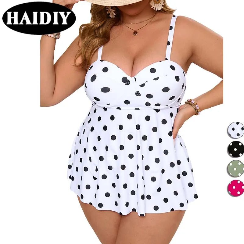 Plus size MANDOTOS INTERNATIONAL swim dress with backless design, dot print, two-piece high waist bikini for women.