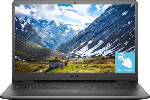 Dell Inspiron 15.6-inch FHD Touch laptop with Intel i5, 12GB RAM, and 256GB SSD, displayed open showing keyboard and screen.