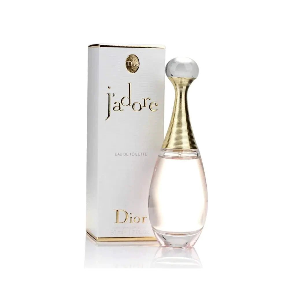 Dior J'adore women's Eau de Toilette 1.7oz bottle, elegant perfume with floral notes, displayed on a neutral background.
