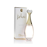 Dior J'adore women's Eau de Toilette 1.7oz perfume bottle with elegant floral design, displayed on a neutral background.