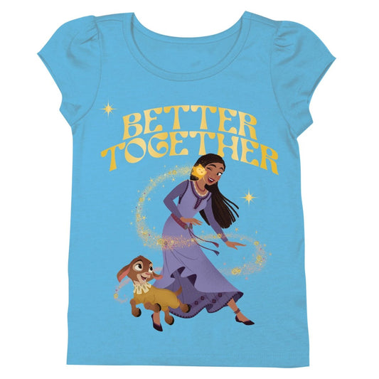Turquoise Disney WISH Asha & Valentino girls' T-shirt by Mandotos International, featuring colorful character print.