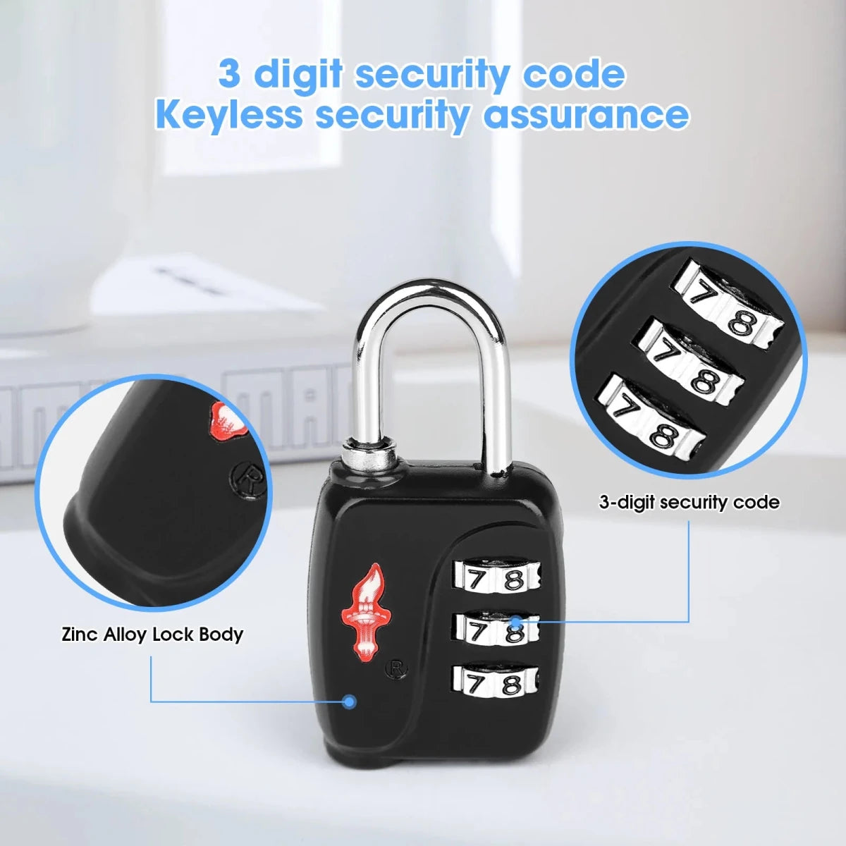 Mandotos International DUALVROWN black luggage lock with key and combination dials, stylish security for travelers and outdoor use.