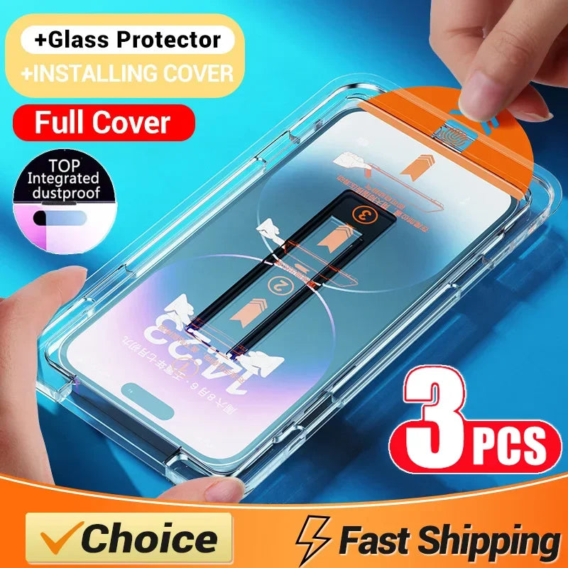 Dust-free oleophobic screen protector for iPhone 14-15, XS-XR, 16-17 by MANDOTOS INTERNATIONAL, showing easy install glass.