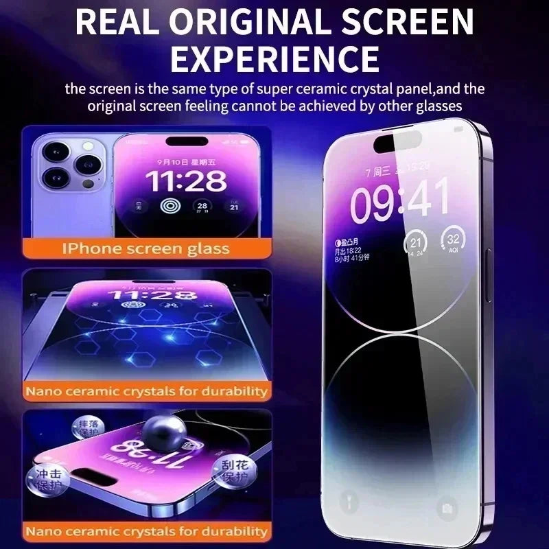 Mandotos international dust-free oleophobic screen protector for iPhone 14-15, XS-XR, 16-17, easy-to-install glass.