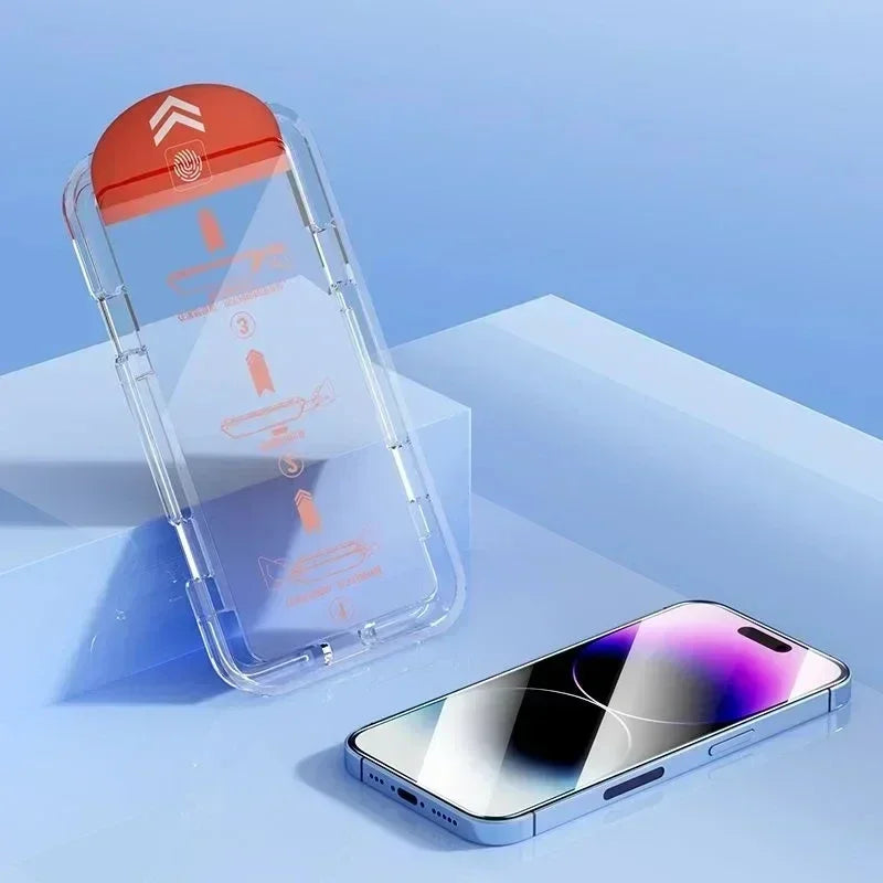 Mandotos international dust-free oleophobic screen protector for iPhone 14-15, XS-XR, 16-17, easy install glass.