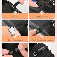 Elastic no-tie shoelaces with press lock by MANDOTOS INTERNATIONAL for kids and adults, shown installed on sneakers.