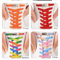 Elastic no-tie shoelaces with press lock by MANDOTOS INTERNATIONAL for kids and adults, shown on sneakers.
