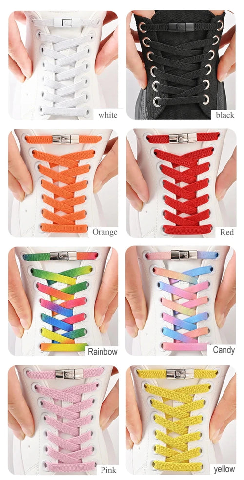 Elastic no-tie shoelaces with press lock by MANDOTOS INTERNATIONAL for kids and adults, shown on sneakers.