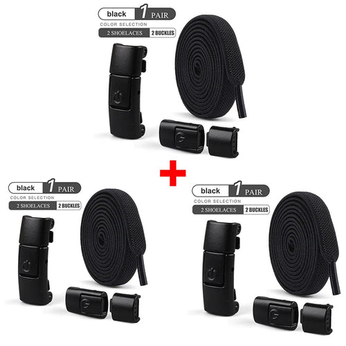 Elastic no-tie shoelaces with press lock from MANDOTOS INTERNATIONAL, suitable for kids and adults' sneakers, shown installed.