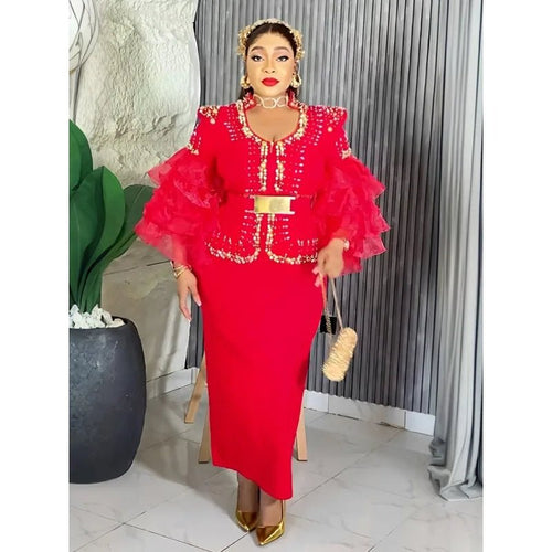 Elegant African V-neck maxi dress by Mandotos International, suitable for wedding parties, featuring vibrant fabric and stylish design.