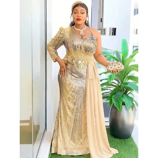 Elegant African V-neck maxi dress by MANDOTOS INTERNATIONAL, perfect for wedding parties, featuring vibrant fabric and flowing design.