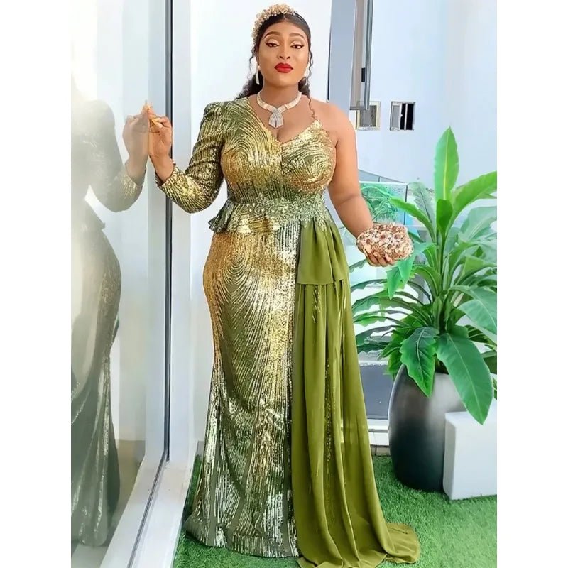 Elegant African V-neck maxi dress by MANDOTOS INTERNATIONAL, suitable for wedding parties, featuring vibrant fabric and stylish design.