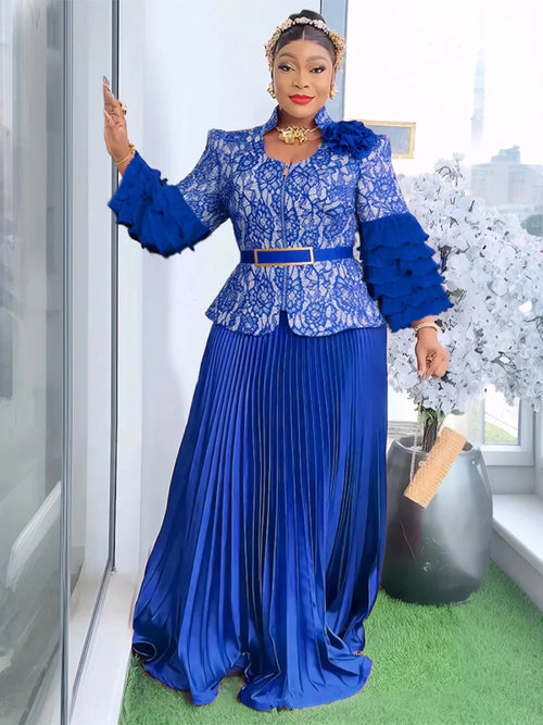 Elegant African V-neck maxi dress by MANDOTOS INTERNATIONAL, perfect for wedding parties, featuring vibrant fabric and stylish design.