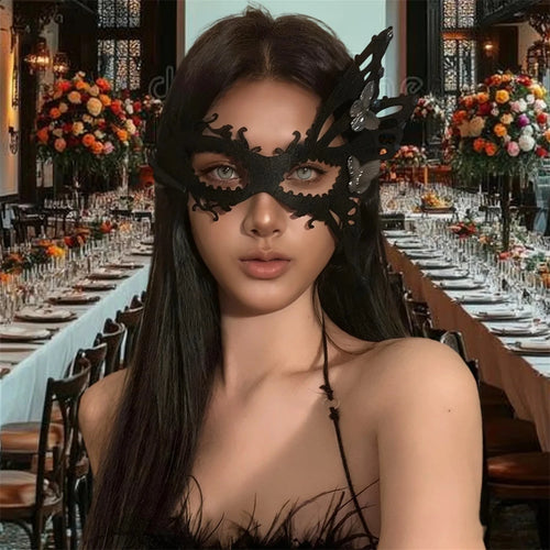 Elegant velvet mask by MANDOTOS INTERNATIONAL, intricate design for Halloween masquerade or costume parties.