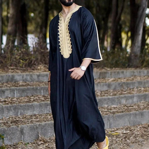 Elegant men's black linen robe by MANDOTOS INTERNATIONAL, displayed with a relaxed fit and smooth fabric texture.