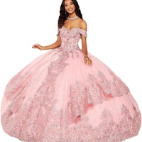 Elegant tulle off-shoulder beaded Quinceanera ball gown by MANDOTOS INTERNATIONAL, featuring intricate beadwork and flowing fabric.