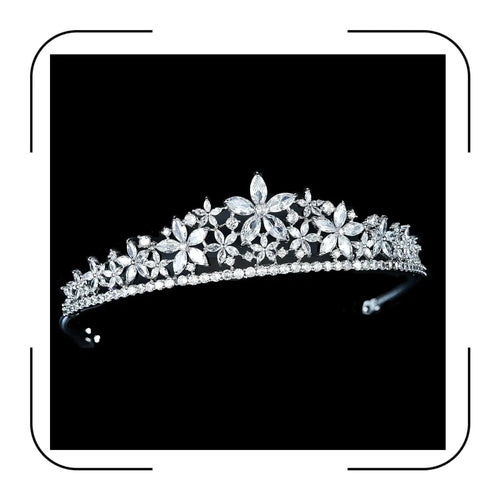 Elegant zircon bridal tiara with intricate silver detailing, designed for wedding or special occasion hairstyles.